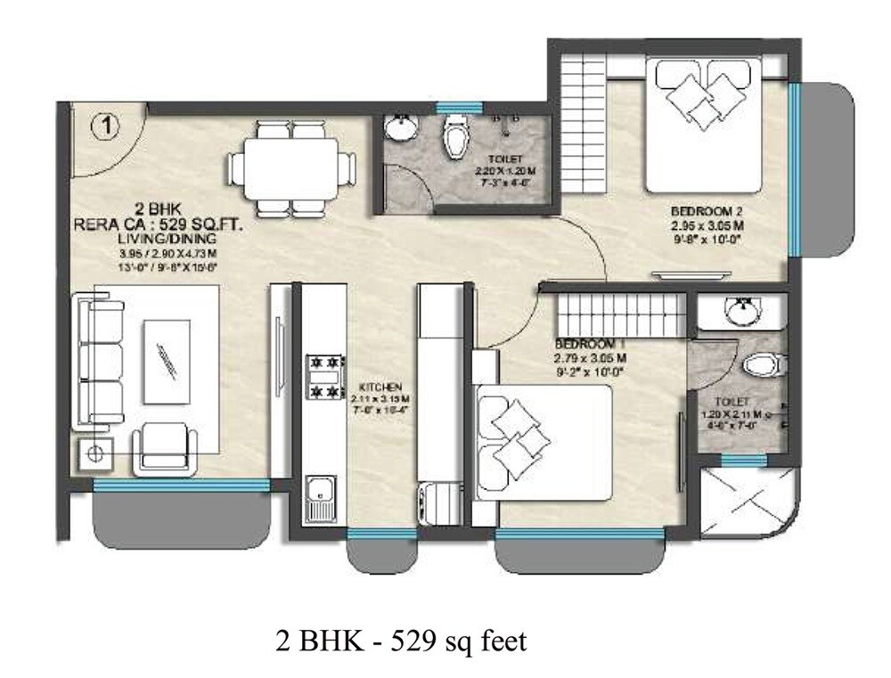 Floor plan of 2 BHK 529 Sq. Ft. Apartment in Suji Ekdant, Mumbai