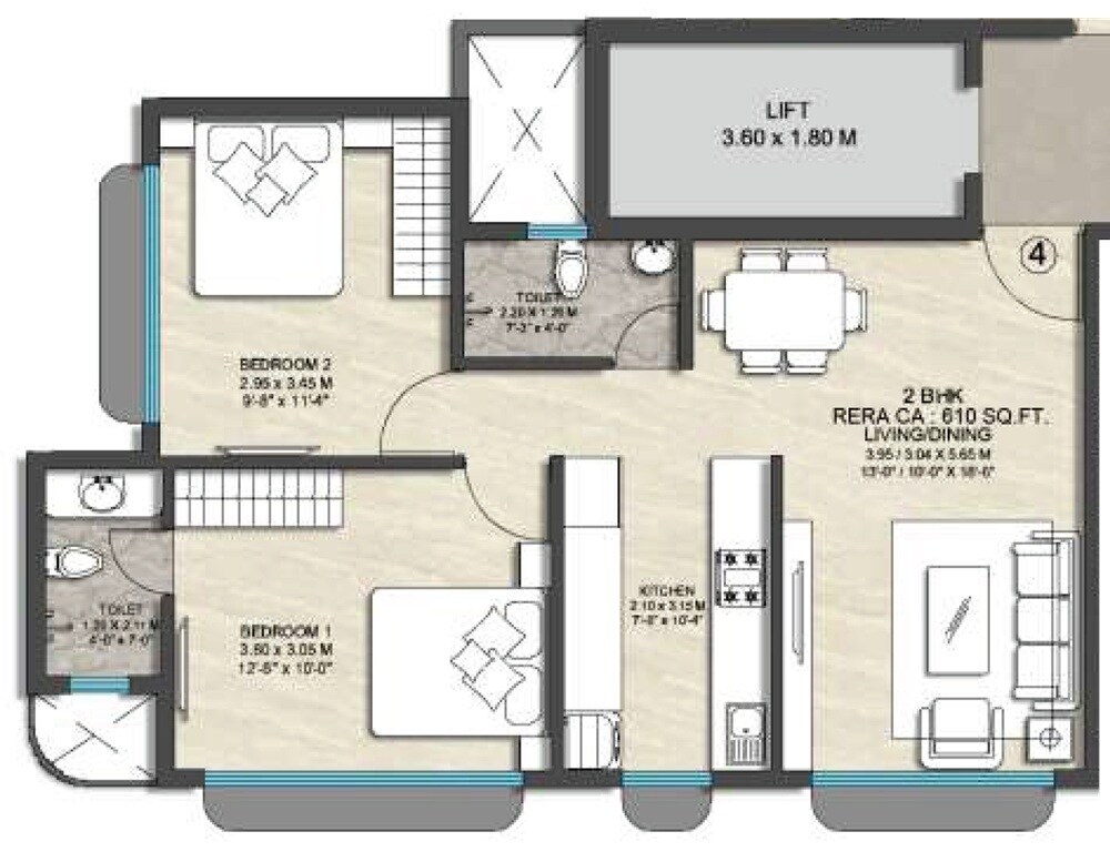 Floor plan of 2 BHK 610 Sq. Ft. Apartment in Suji Ekdant, Mumbai