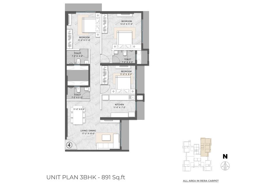 Floor plan of 3 BHK 897 Sq. Ft. Apartment in Sukhada CHS Borivali, Mumbai