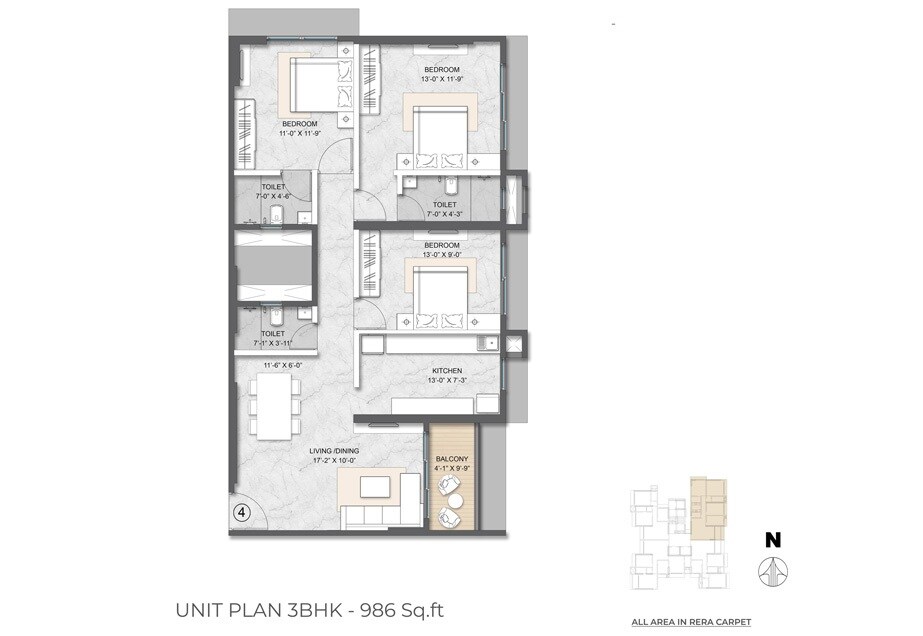 Floor plan of 3 BHK 986 Sq. Ft. Apartment in Sukhada CHS Borivali, Mumbai