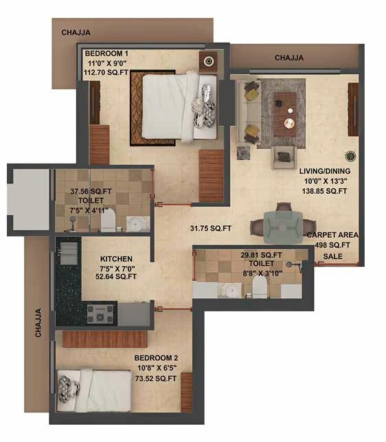 2 BHK 500 Sq. Ft. Apartment