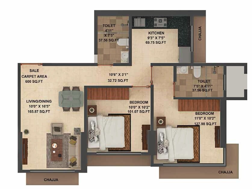 2 BHK 600 Sq. Ft. Apartment