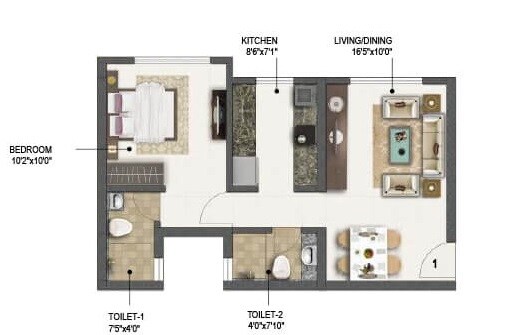 Floor plan of 1 BHK 315 Sq. Ft. Apartment in Sumer Life Casa, Mumbai