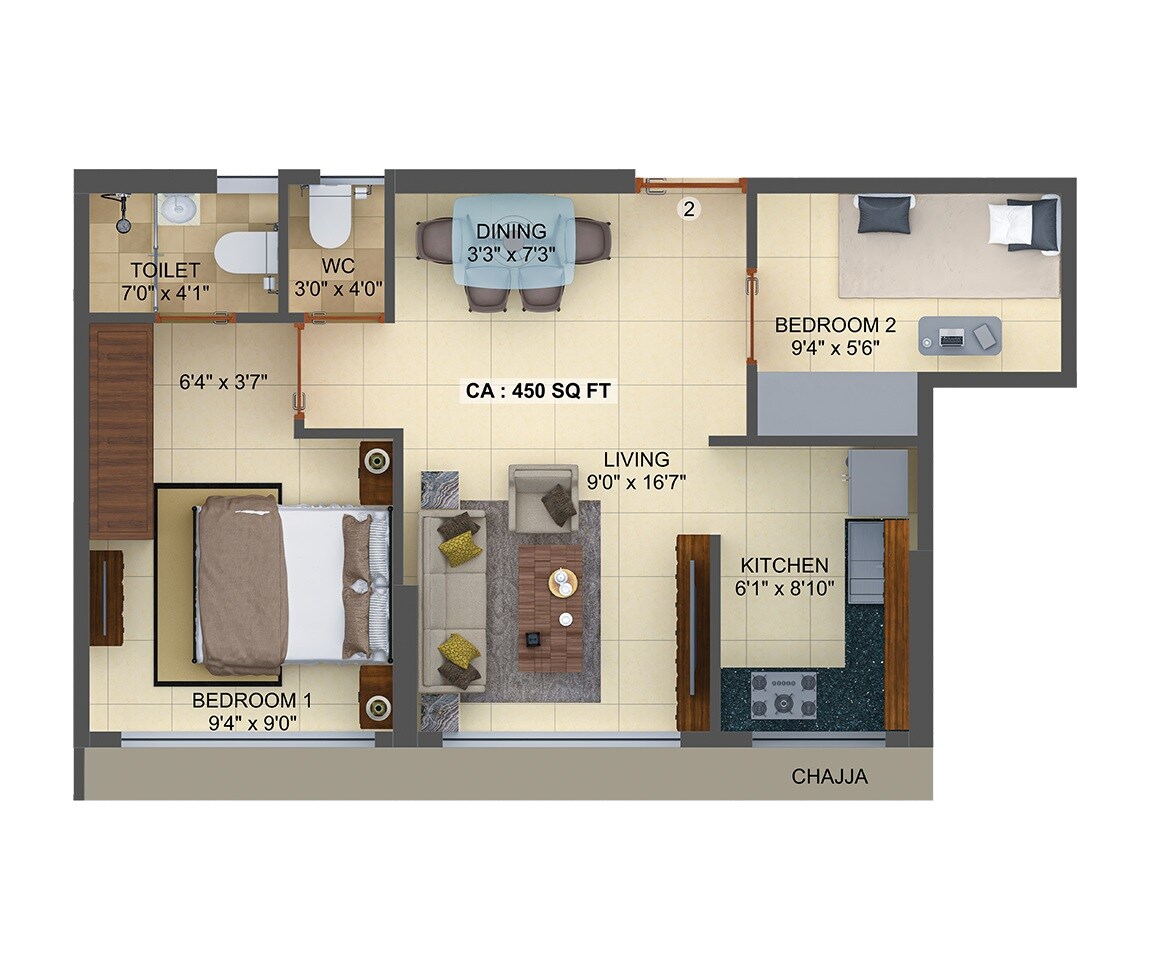 Floor plan of 2 BHK 450 Sq. Ft. Apartment in Sumer Prime, Mumbai