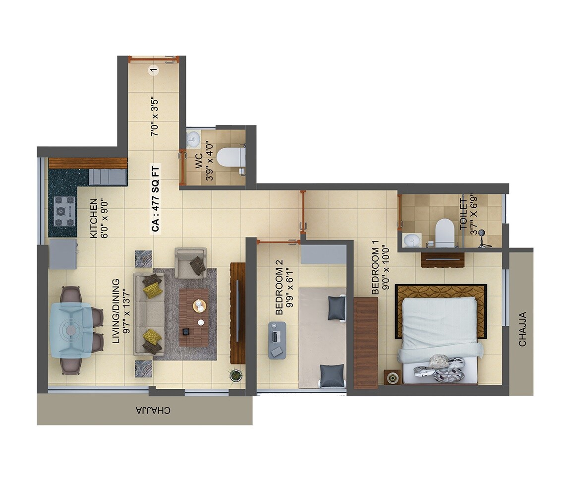 Floor plan of 2 BHK 477 Sq. Ft. Apartment in Sumer Prime, Mumbai
