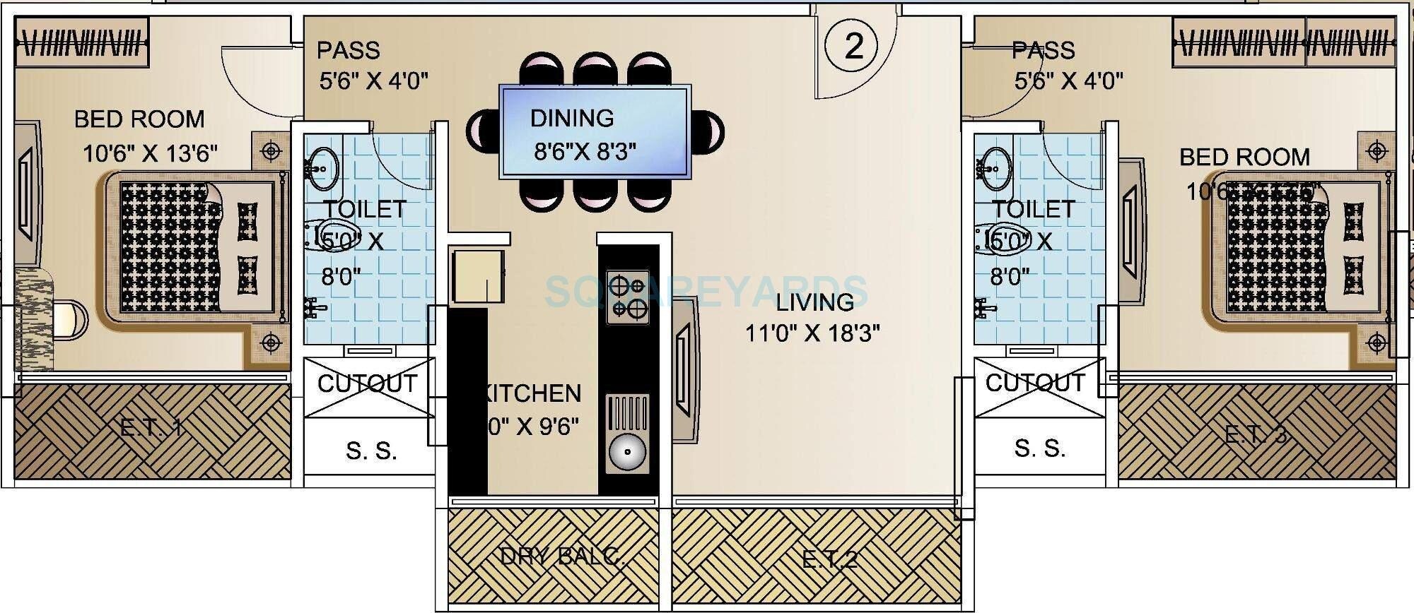 Floor plan of 2 BHK 790 Sq. Ft. Apartment in Sumer Princess, Mumbai
