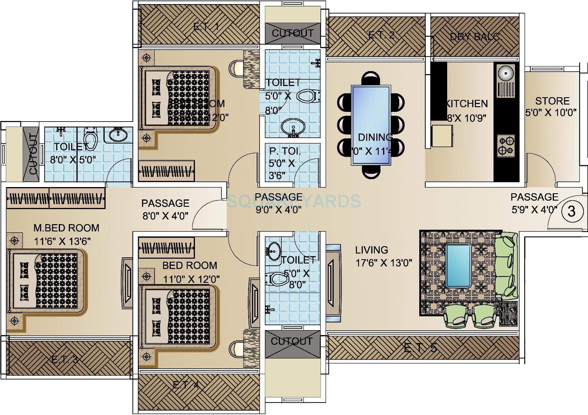Floor plan of 3 BHK 1063 Sq. Ft. Apartment in Sumer Princess, Mumbai