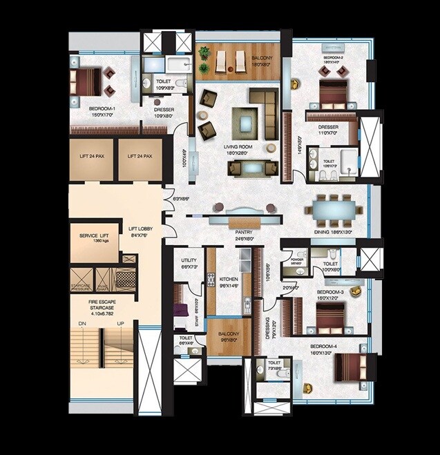 Floor plan of 4 BHK 3125 Sq. Ft. Apartment in Sumer Trinity Vertical, Mumbai