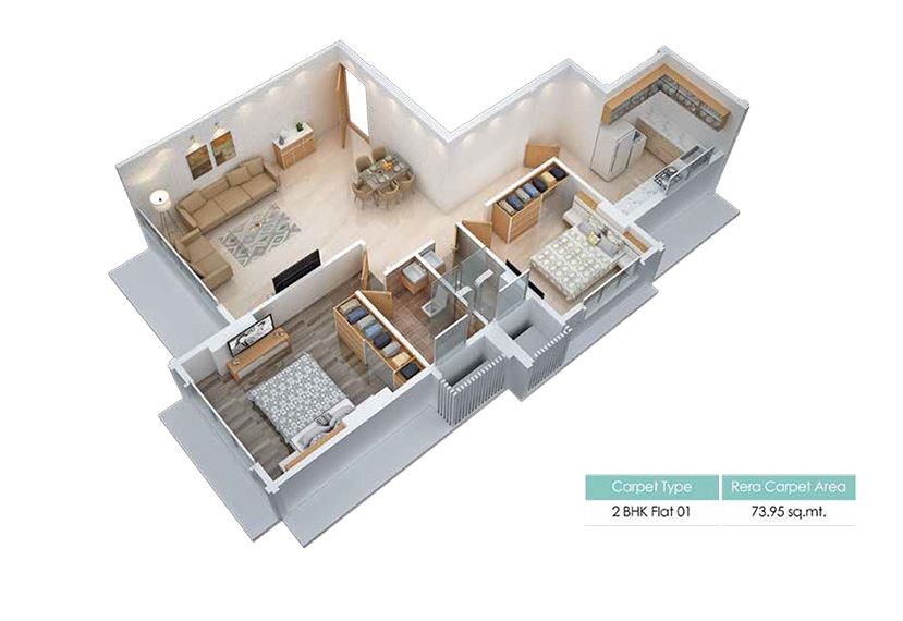 Floor plan of 2 BHK 796 Sq. Ft. Apartment in Sumit  Lata, Mumbai