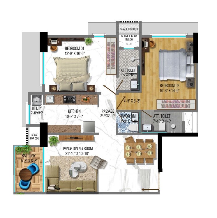 Floor plan of 2 BHK 643 Sq. Ft. Apartment in Sumit Atulyam, Mumbai