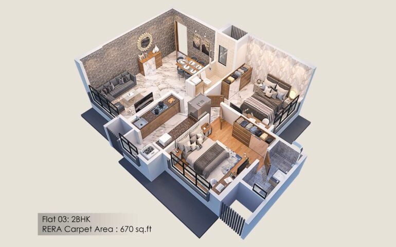 Floor plan of 2 BHK 670 Sq. Ft. Apartment in Sumit Atulyam, Mumbai