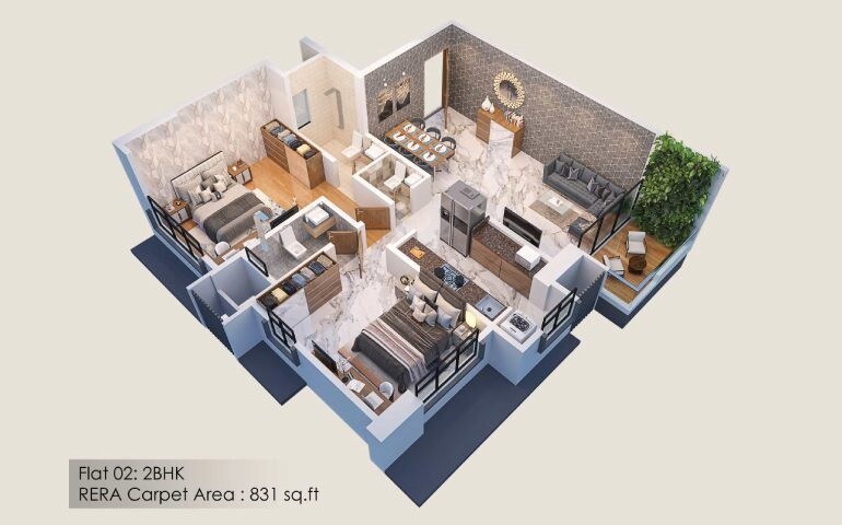 Floor plan of 2 BHK 831 Sq. Ft. Apartment in Sumit Atulyam, Mumbai