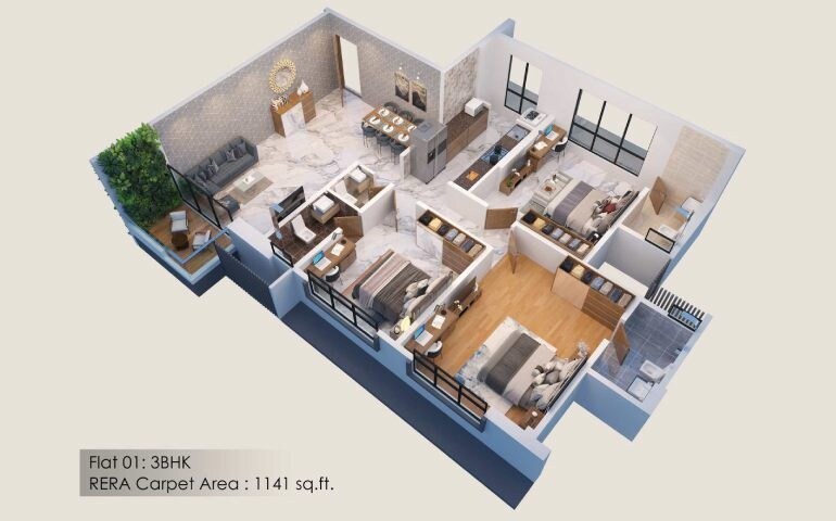 Floor plan of 3 BHK 1141 Sq. Ft. Apartment in Sumit Atulyam, Mumbai