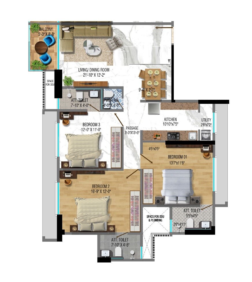 Floor plan of 3 BHK 1198 Sq. Ft. Apartment in Sumit Atulyam, Mumbai
