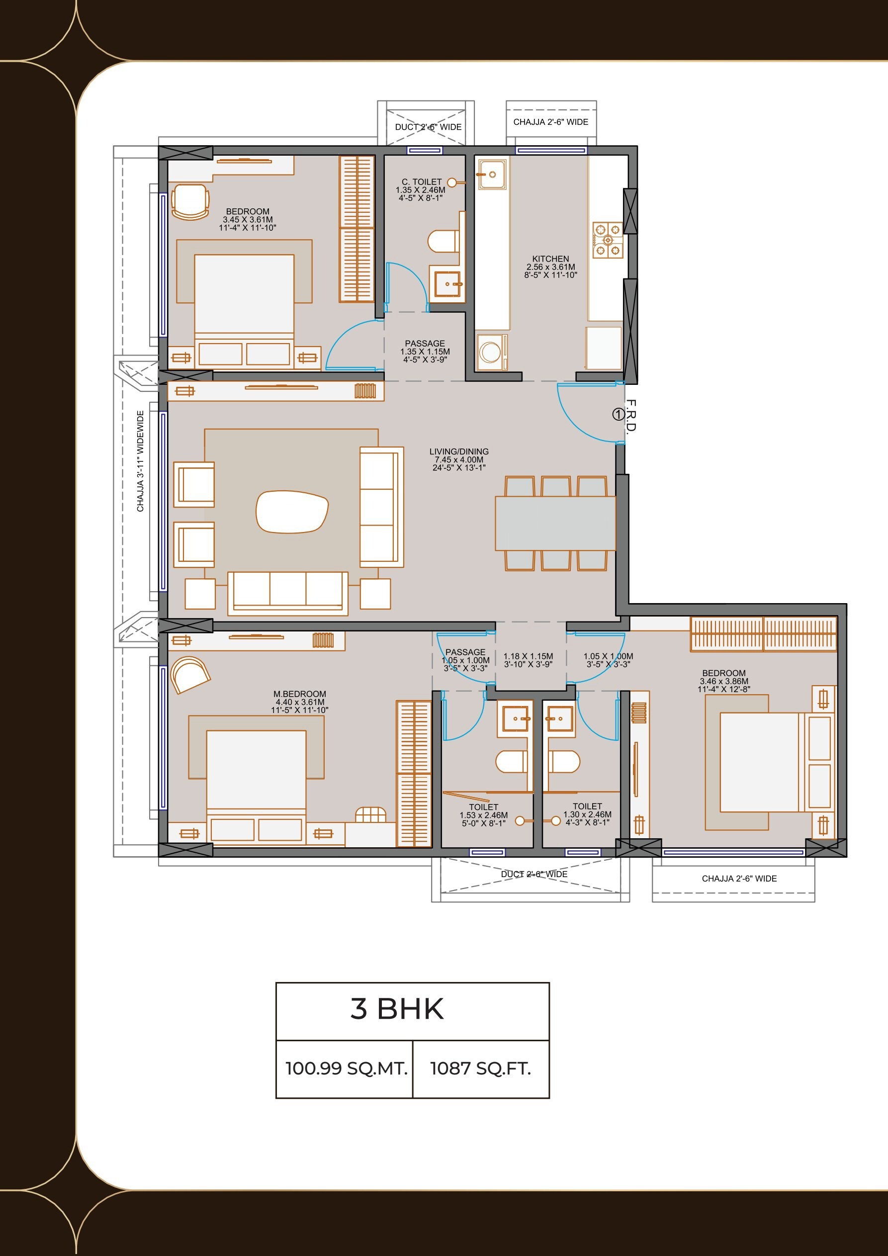 Floor plan of 3 BHK 1087 Sq. Ft. Apartment in Sumit Casa, Mumbai