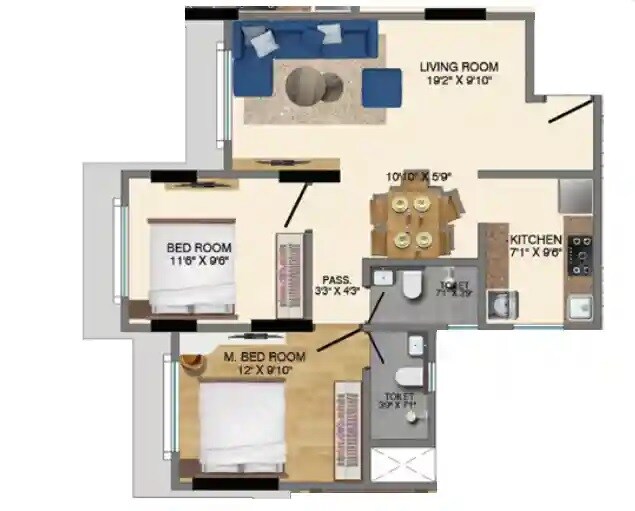Floor plan of 2 BHK 666 Sq. Ft. Apartment in Sumit Gurukrishna, Mumbai