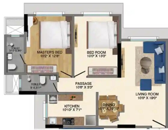 Floor plan of 2 BHK 714 Sq. Ft. Apartment in Sumit Gurukrishna, Mumbai