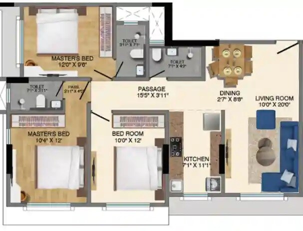 Floor plan of 3 BHK 871 Sq. Ft. Apartment in Sumit Gurukrishna, Mumbai