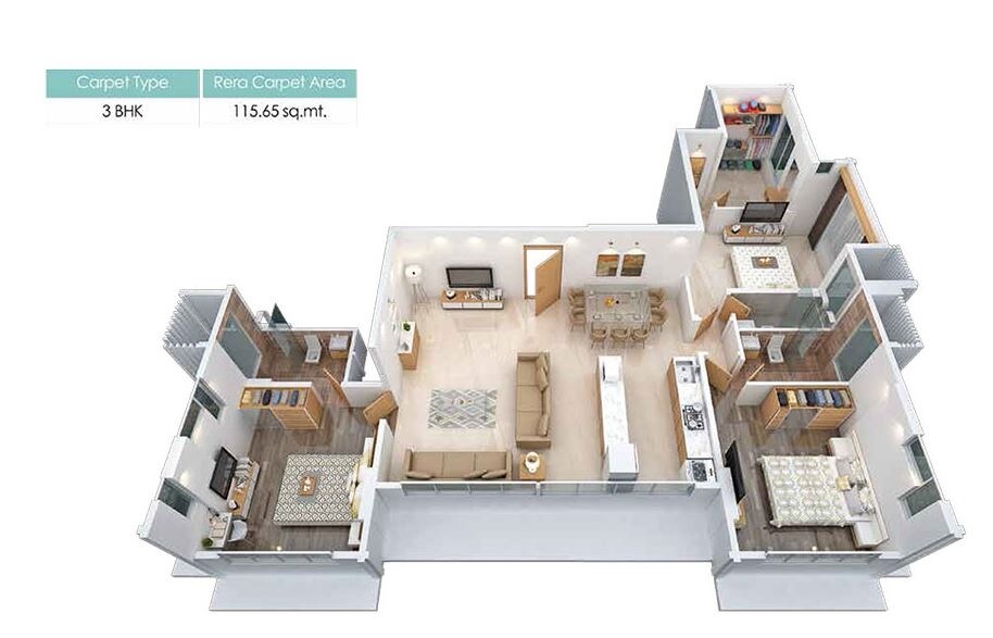 Floor plan of 3 BHK 1245 Sq. Ft. Apartment in Sumit Lata, Mumbai