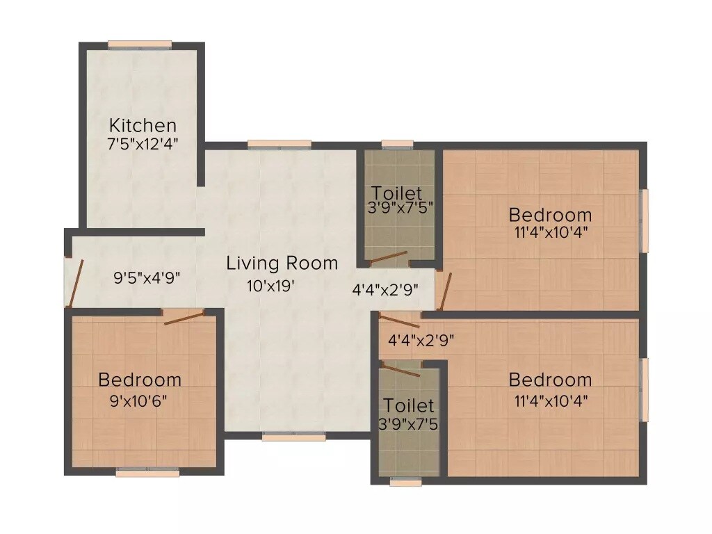 Floor plan of 3 BHK 767 Sq. Ft. Apartment in Sumit Sun Sumit, Mumbai