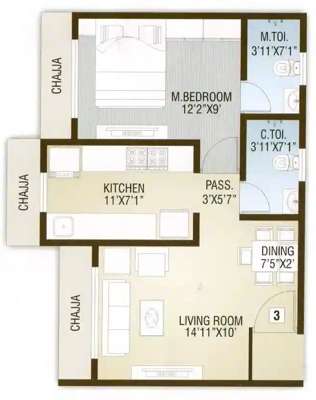 Floor plan of 1 BHK Apartment - 431 sq. ft. in Sumit The Monarch, Mumbai