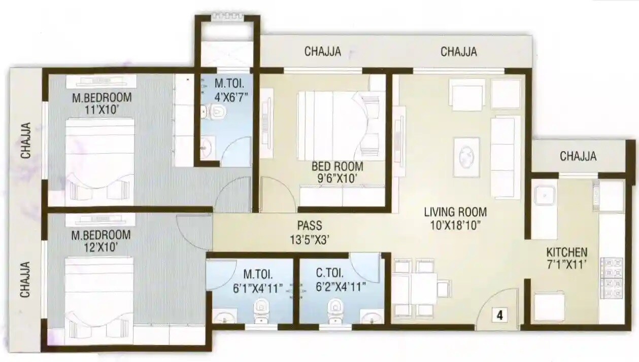 Floor plan of 3 BHK Apartment - 746 sq. ft. in Sumit The Monarch, Mumbai