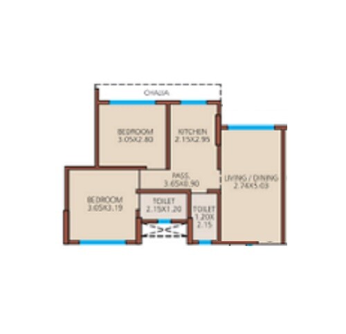Floor plan of 2 BHK 545 Sq. Ft. Apartment in Sun Sumit Deepshal, Mumbai