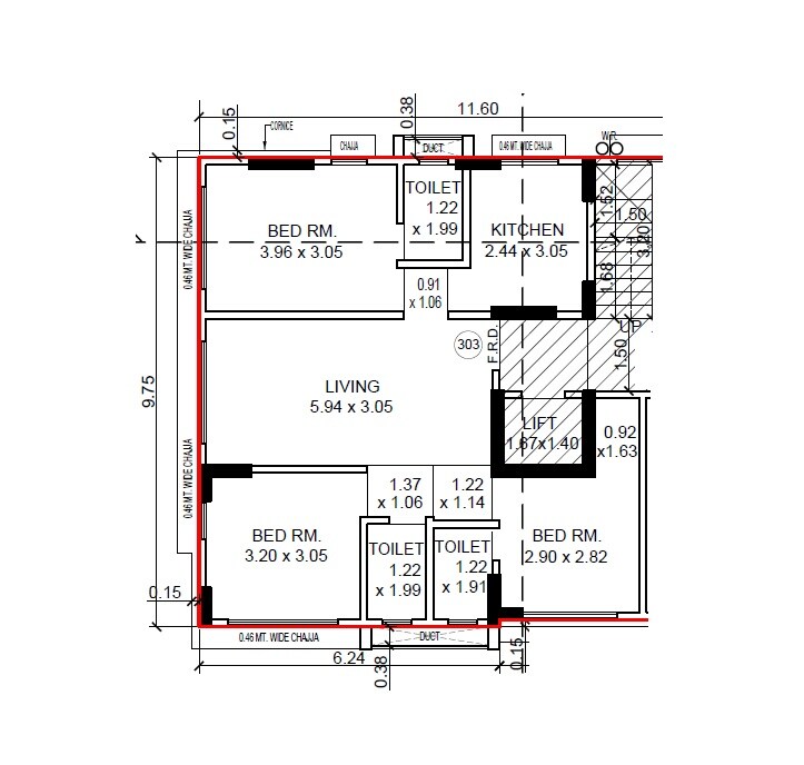 Floor plan of 3 BHK 694 Sq. Ft. Apartment in Sun Sumit Naomi Ark, Mumbai