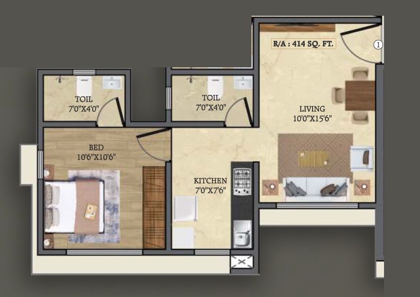 Floor plan of 1 BHK 414 Sq. Ft. Apartment in Sun Sumit Yashodhan, Mumbai