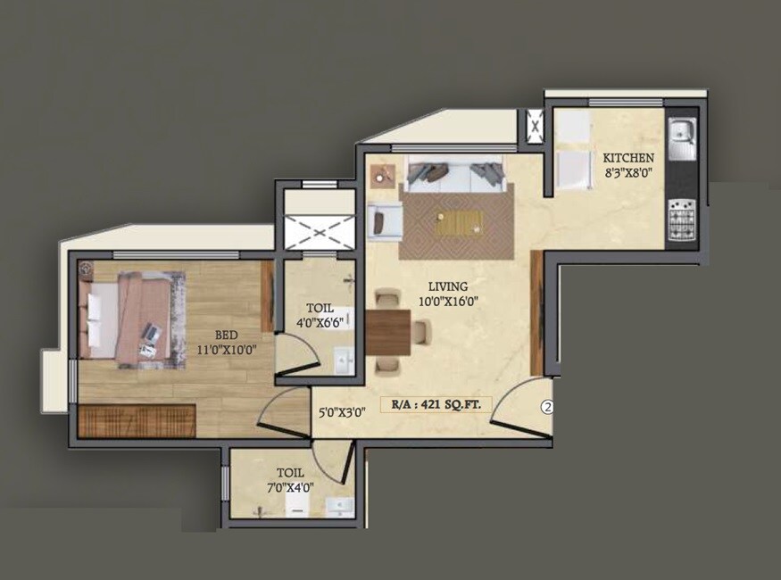 Floor plan of 1 BHK 421 Sq. Ft. Apartment in Sun Sumit Yashodhan, Mumbai