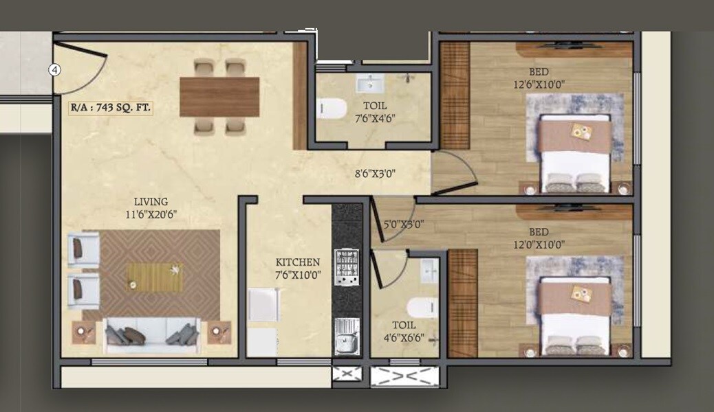 Floor plan of 2 BHK 743 Sq. Ft. Apartment in Sun Sumit Yashodhan, Mumbai