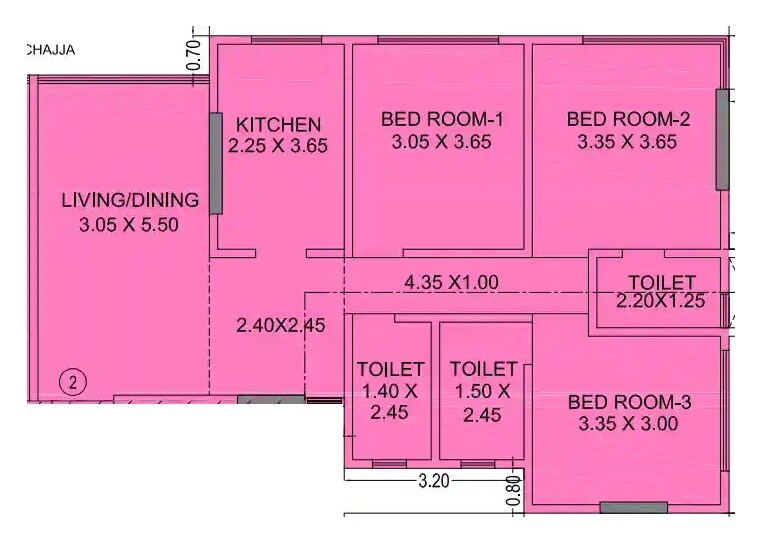 3 BHK 905 Sq. Ft. Apartment