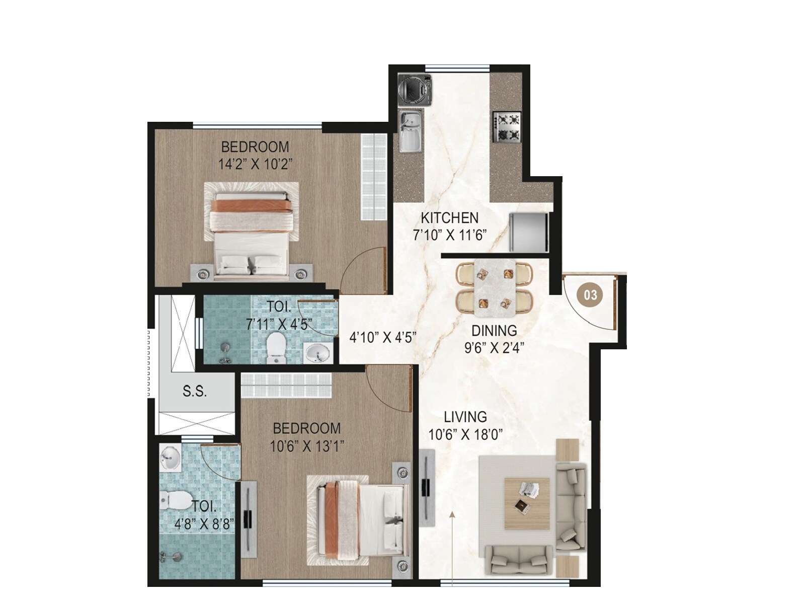 2 BHK 771 Sq. Ft. Apartment