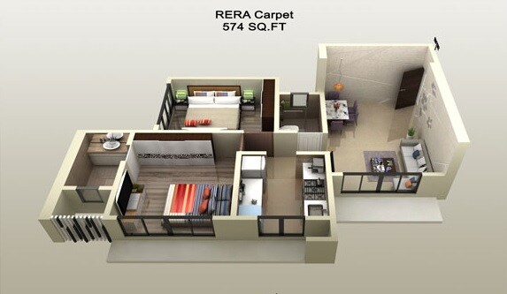 Floor plan of 2 BHK 574 Sq. Ft. Apartment in Sunny Shanti Heights, Mumbai