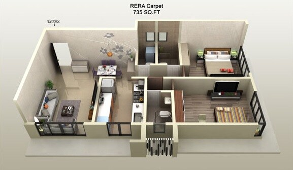 Floor plan of 2 BHK 735 Sq. Ft. Apartment in Sunny Shanti Heights, Mumbai