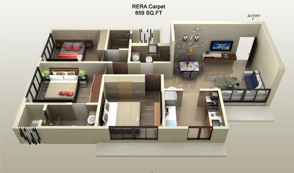 Floor plan of 3 BHK 859 Sq. Ft. Apartment in Sunny Shanti Heights, Mumbai