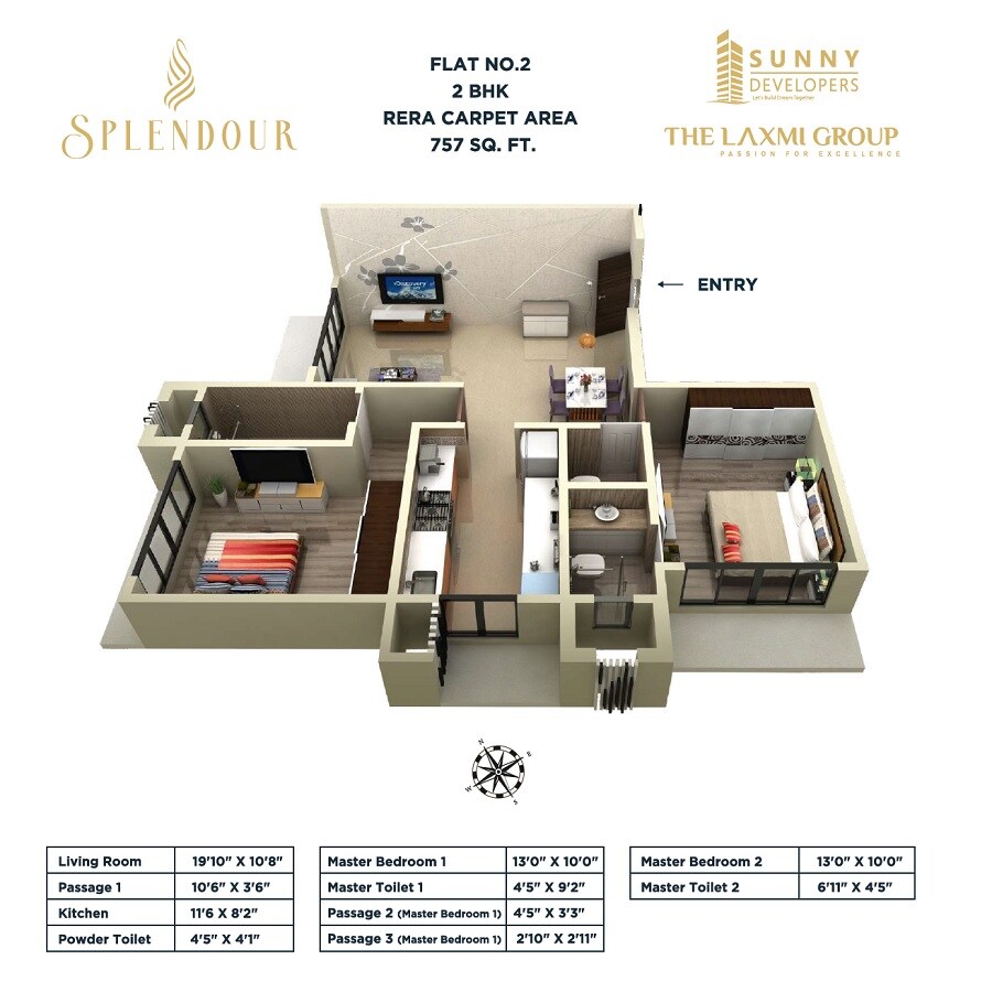 Floor plan of 2 BHK 765 Sq. Ft. Apartment in Sunny Splendour, Mumbai
