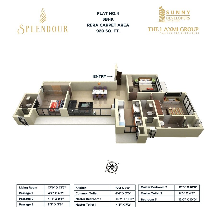 Floor plan of 3 BHK 920 Sq. Ft. Apartment in Sunny Splendour, Mumbai