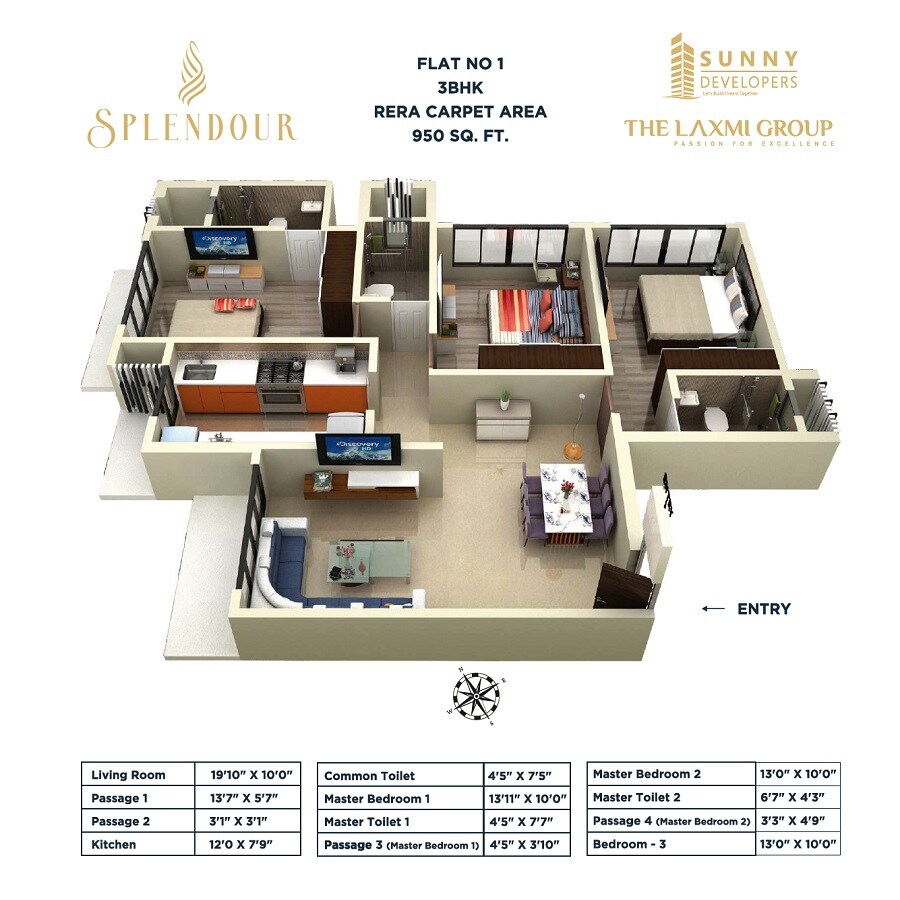 Floor plan of 3 BHK 950 Sq. Ft. Apartment in Sunny Splendour, Mumbai