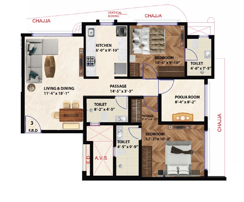 Floor plan of 2 BHK 602 Sq. Ft. Apartment in Sunny Stuti, Mumbai