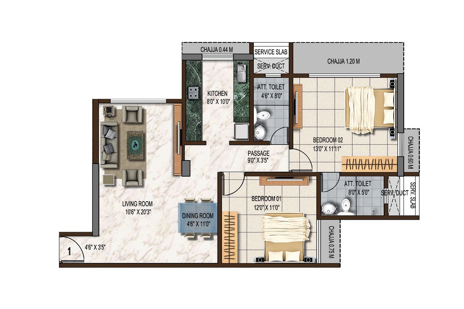 Floor plan of 2 BHK 846 Sq. Ft. Apartment in Sunstone Epitome, Mumbai