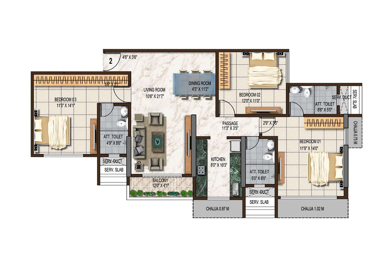 Floor plan of 3 BHK 1146 Sq. Ft. Apartment in Sunstone Epitome, Mumbai