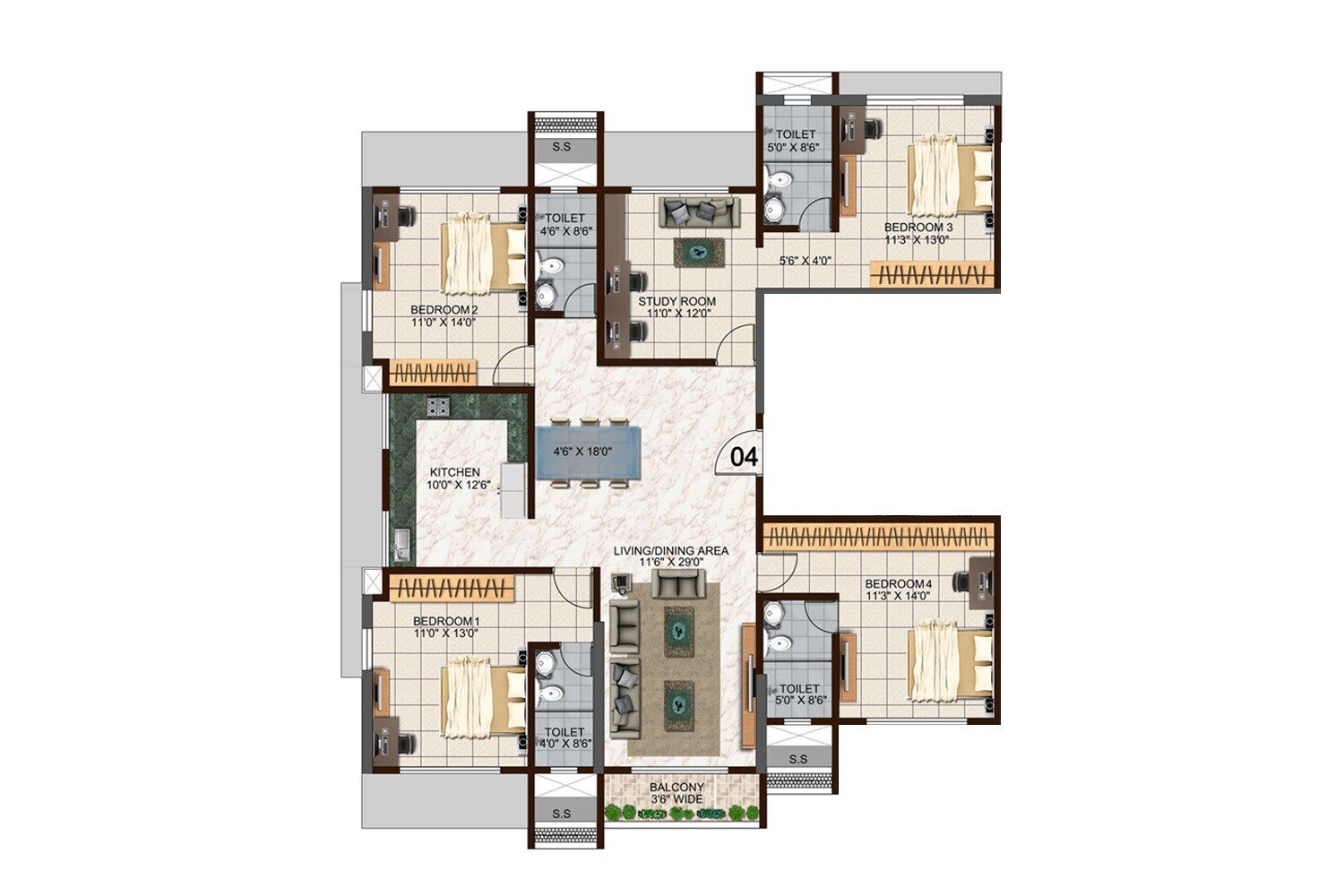 Floor plan of 4 BHK 1486 Sq. Ft. Apartment in Sunstone Epitome, Mumbai