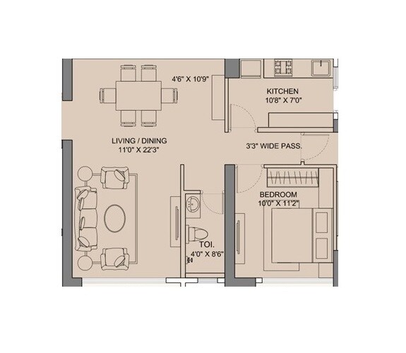 Floor plan of 1 BHK 477 Sq. Ft. Apartment in Sunteck Avenue 2, Mumbai