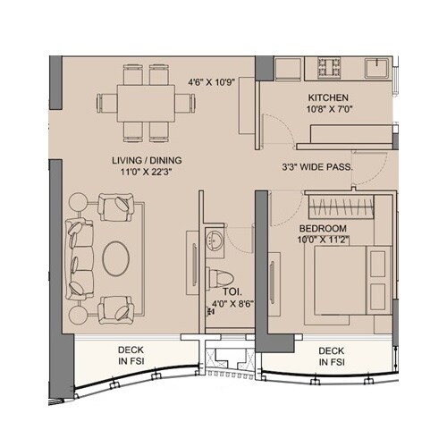 Floor plan of 1 BHK 600 Sq. Ft. Apartment in Sunteck Avenue 2, Mumbai