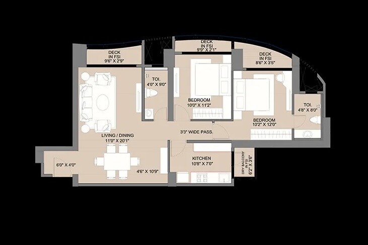 Floor plan of 2 BHK 675 Sq. Ft. Apartment in Sunteck Avenue 2, Mumbai