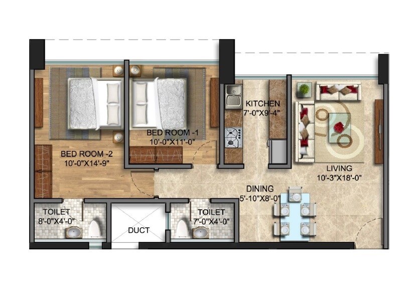 Floor plan of 2 BHK 730 Sq. Ft. Apartment in Sunteck Avenue 2, Mumbai