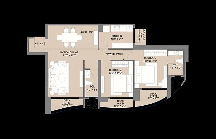 Floor plan of 2 BHK 817 Sq. Ft. Apartment in Sunteck Avenue 2, Mumbai