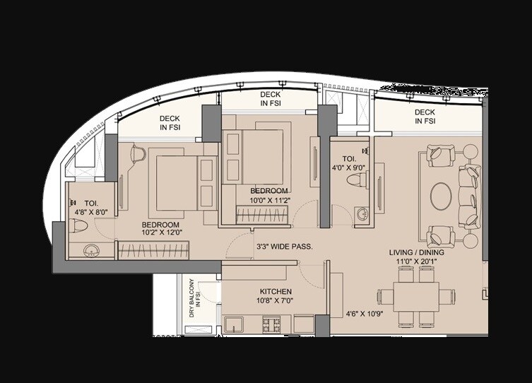 Floor plan of 2 BHK 889 Sq. Ft. Apartment in Sunteck Avenue 2, Mumbai