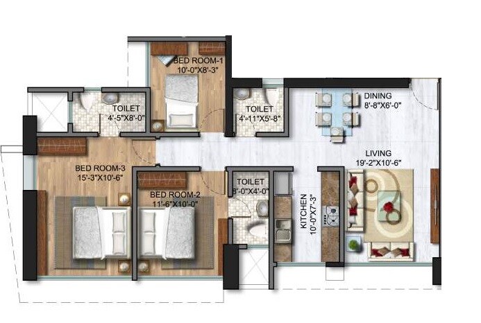 Floor plan of 3 BHK 894 Sq. Ft. Apartment in Sunteck Avenue 2, Mumbai